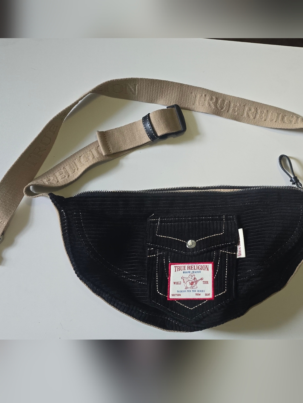 True Religion Black Corduroy Belt Bag with Beige Strap